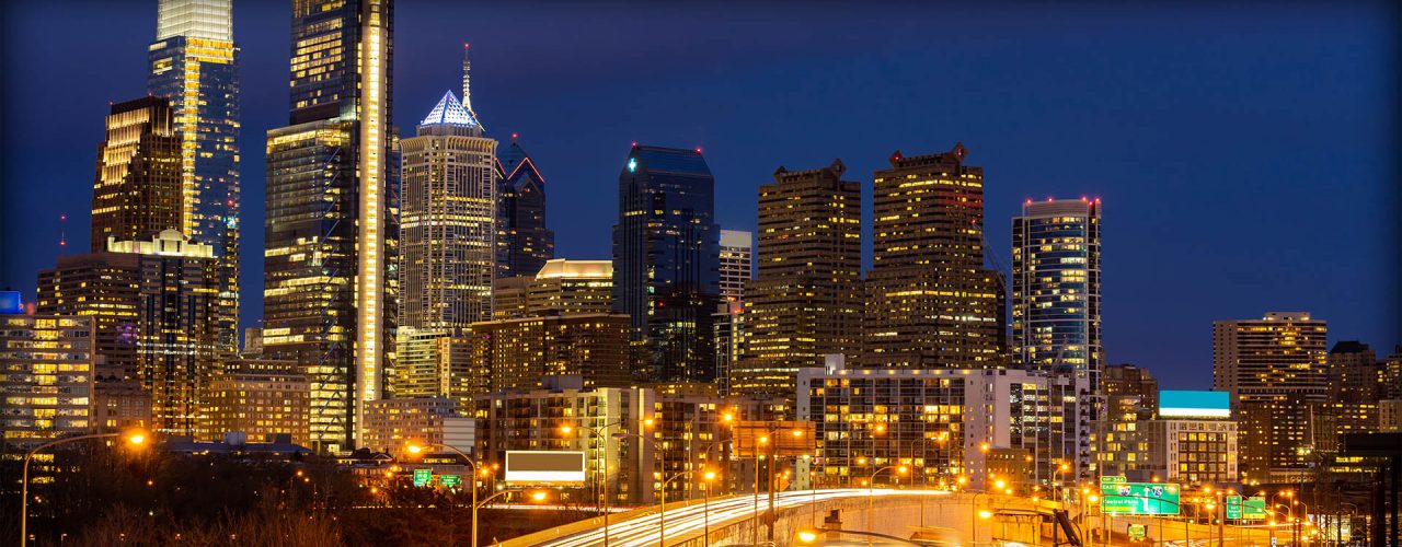Philadelphia Downtown With Highway Lights At Night