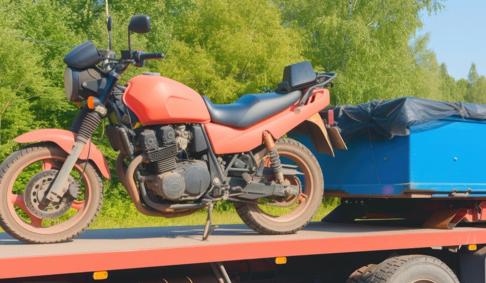 unsecured motorcycle on a tow truck